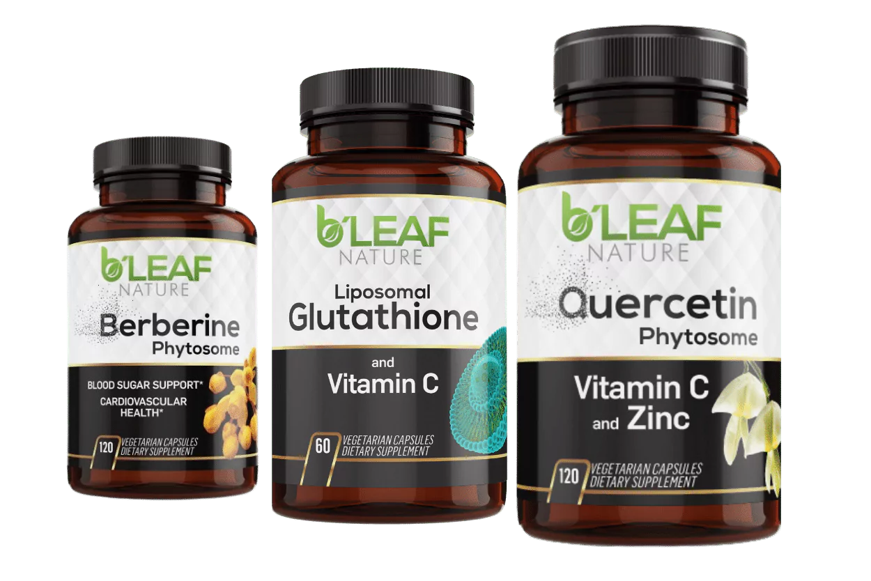 Three bottles of B'Leaf supplements lined up with the Berberine bottle in front appearing larger, followed by Glutathione and Quercetin bottles.