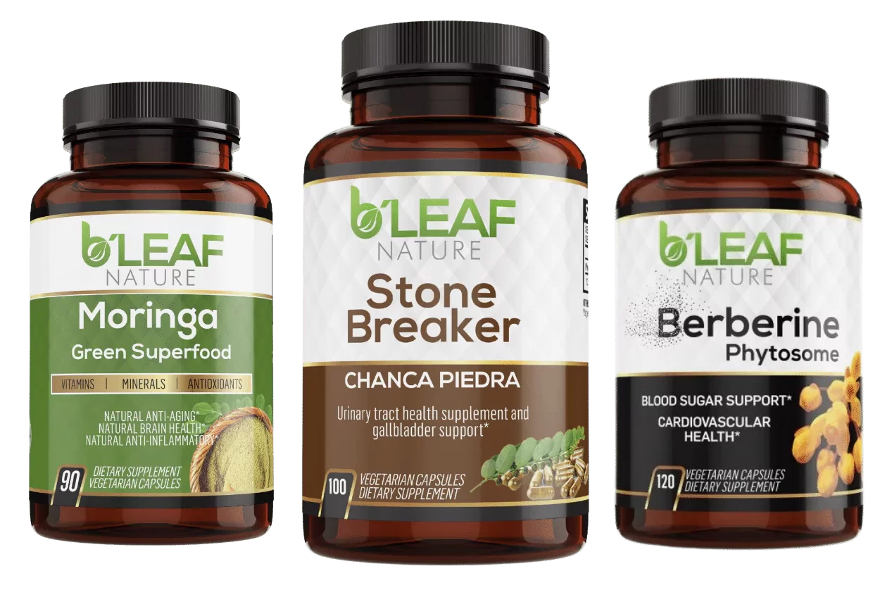 Three bottles of B'Leaf Nature's plant-based, organic supplements: Organic Moringa, Stone Breaker (Chanca Piedra), and Berberine Phytosome.