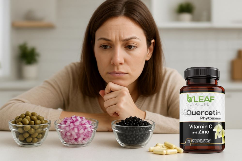 Woman contemplating supplements and healthy foods.